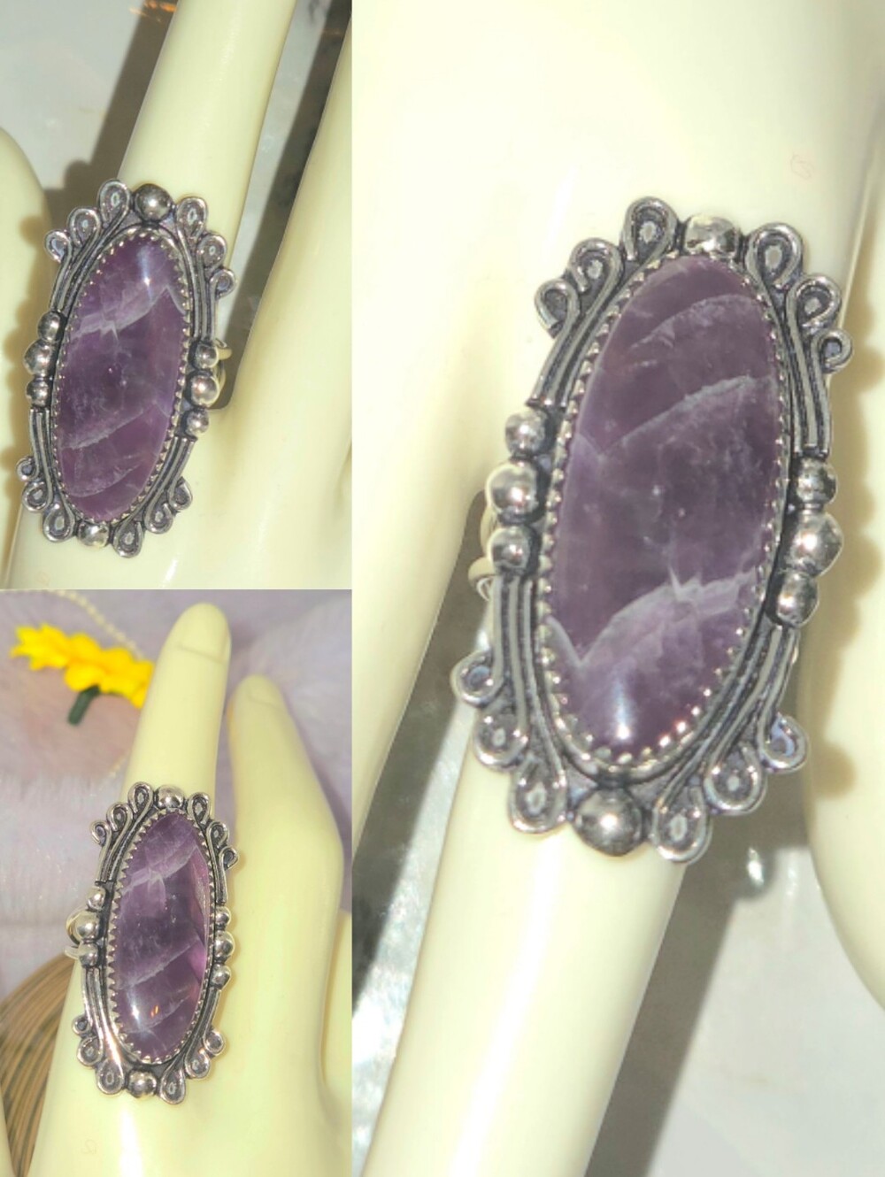 Natural Chevron Amethyst Gemstone Chunky Handmade Vintage Style Halo Ring - Picture 2 of 8